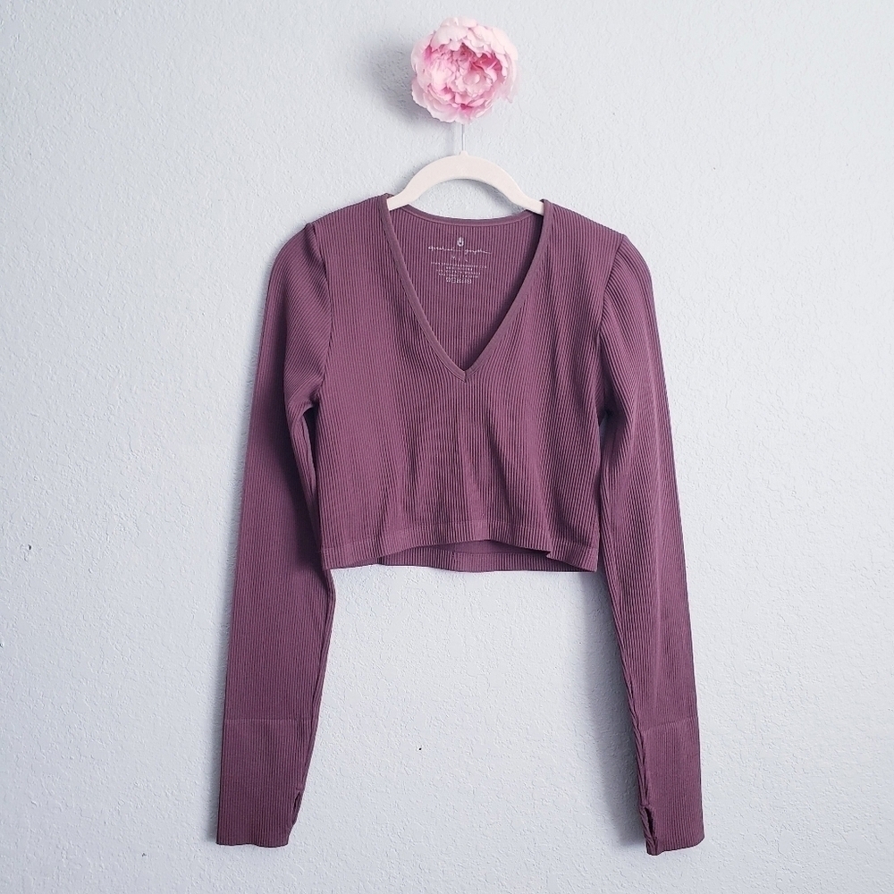 Spiritual Gangster Burgundy Ribbed V-neck Long Sleeve Cropped Top